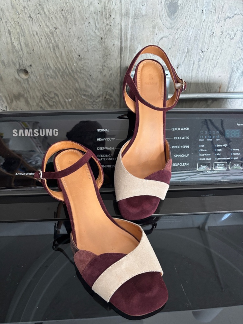 Women’s Two-Tone Suede Ankle-Strap Sandals — Burgundy and Beige Bill Blass